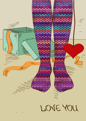 Illustration with girl's feet in knitted stockings