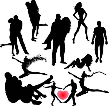 set of black silhouettes of couples