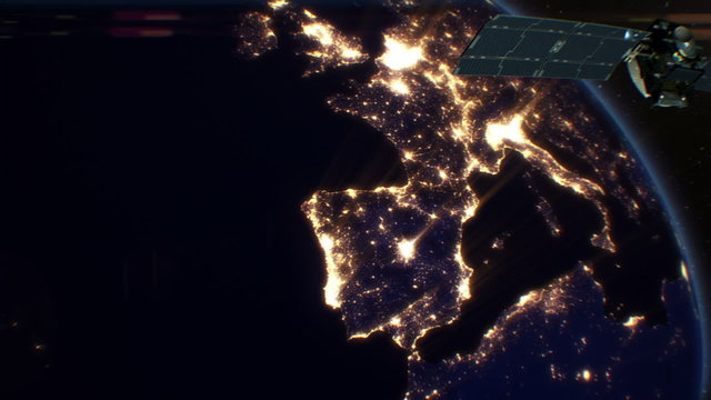 Satellite over Night Cities. Europe. HD 1080.