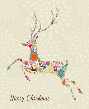Merry Vintage christmas elements jumping reindeer