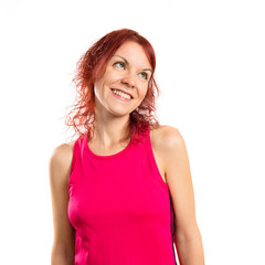 Fototapeta premium Young happy girl over white background