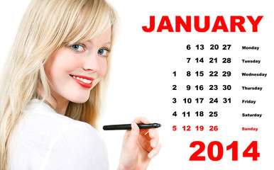 calendar for January 2013 with portrait of young woman