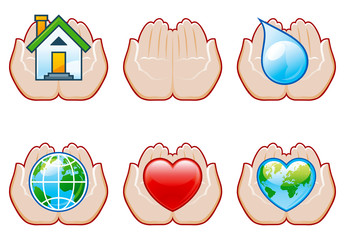 set 5 of environment icons with human hands
