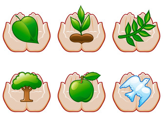 set  6 of environment conservation icons with human hands
