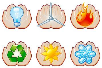Vector set of energy icons with human hands
