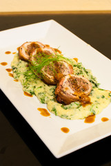 Bacon wrap pork stuff with seafood spinach mashed potato