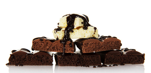 The melted chocolate flows on put slices