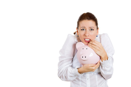 Attractive woman holding piggy bank, protecting savings