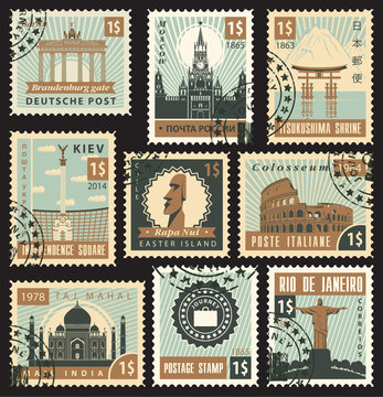 set of stamps from different countries with landmarks