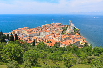 A view of the old coastal city Piran center from the town walls