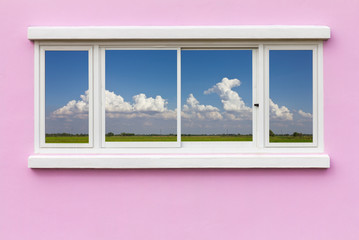 Background window frame in the wall pink blue Cloud backdrop