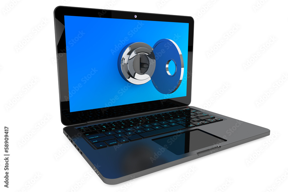Poster modern laptop computer locked by key