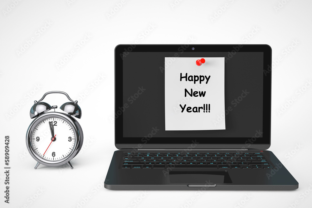 Poster alarm clock with laptop computer and happy new year sign