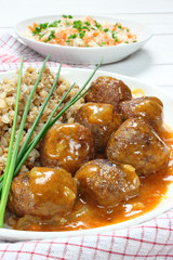 Pork meatballs with sauce and buckwheat