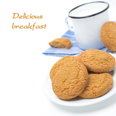 plate of oatmeal cookies and mug of milk isolated, close-up