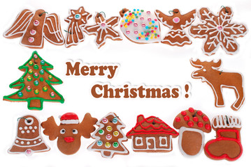 christmas frame with gingerbread cookies isolated on white