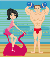 man and woman exercises in the gym