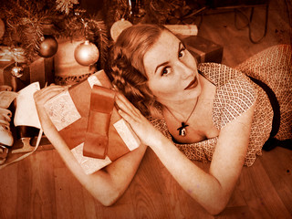 Woman receiving gifts.  Black and white retro.