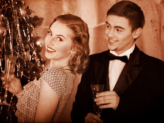 Couple on Christmas party.  Black and white retro.