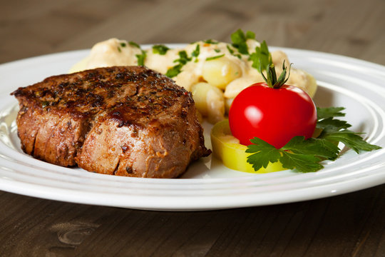 Beef steak with gnocchi and gorgonzola sauce