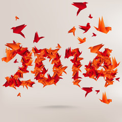 Number 2014 with origami birds - obrazy, fototapety, plakaty