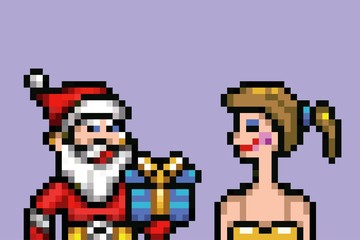 santa giving gift to girl, retro pixel vector illustration