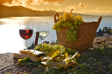 Wine and grapes on the terrace of vineyard in Lavaux region, Swi