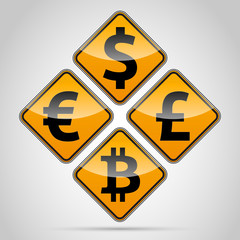 Euro, Dolar, Pound, Bitcoin traffic board