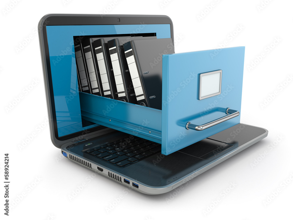 Aufkleber data storage. laptop and file cabinet with ring binders.
