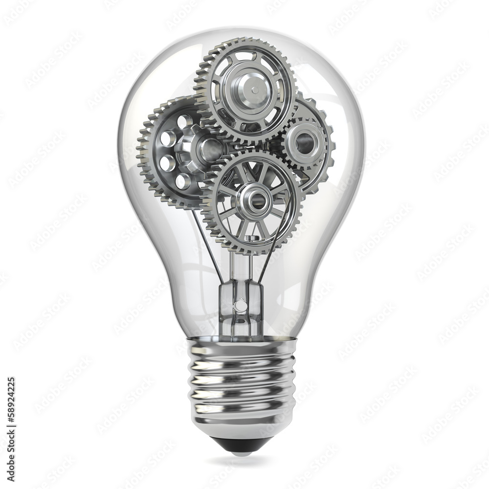 Poster lamp bulb and gears. perpetuum mobile idea concept.