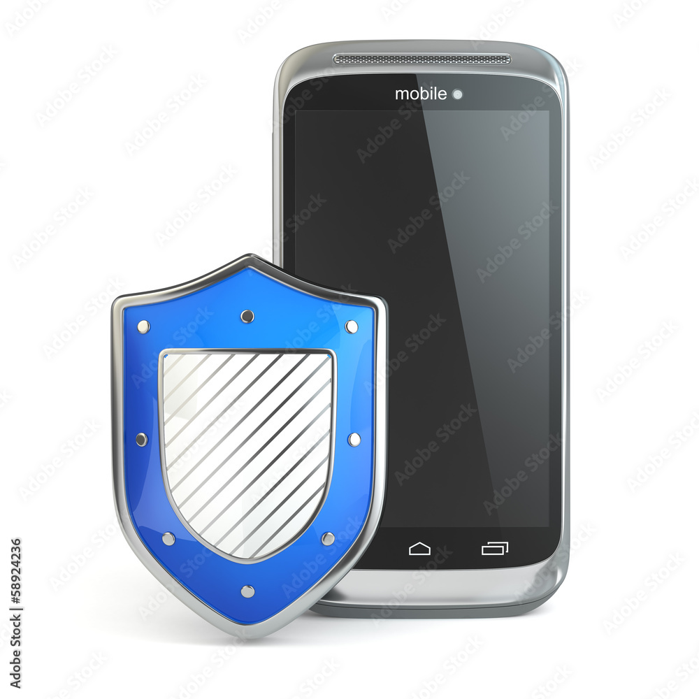 Poster mobile phone security concept. cellphone and shield.