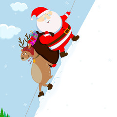 santa and reindeer climb the mountain