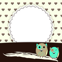 Template greeting card with brown hearts and two owls