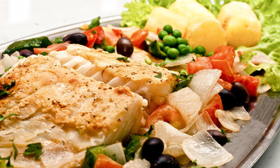Portuguese Cod with Onions, Potatoes and vegetables