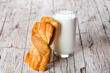 glass of milk and fresh baked buns