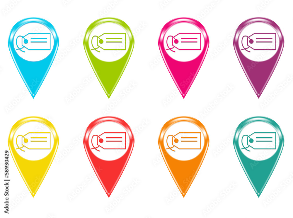 Poster set of icons or colored markers with label symbol
