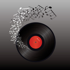 vinyl and music notes on dark background