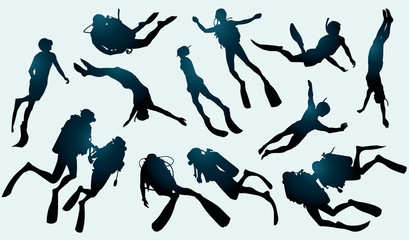 Set of divers and freedivers silhouette. - 58931091