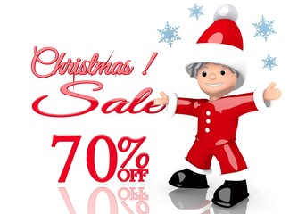  70 percent off sign presented by mini santa claus