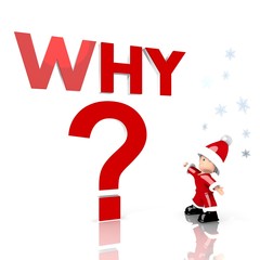 mini santa claus with giant why sign