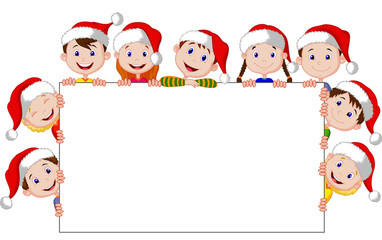 Kids with a blank sign and christmas hats