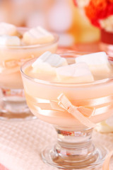 Tasty yogurt with marshmallows, close up