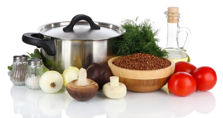 Ingredients for cooking buckwheat isolated on white