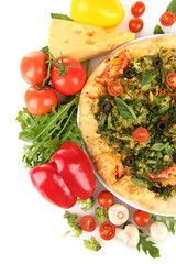 Tasty vegetarian pizza and vegetables, isolated on white