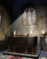 Ołtarz z księgą i świecami w średniowiecznej katedrze - obrazy, fototapety, plakaty
