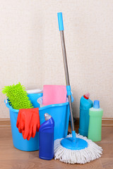 Different tools for cleaning floor in room