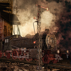Stara lokomotywa na tle ruin miasta © Obsidian Fantasy