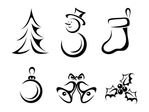 Collection of Christmas elements. Vector black silhouettes.