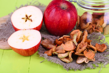 Dried apples in glass jar, on color wooden background