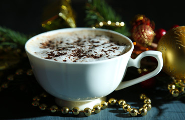 Hot chocolate with cream in color mug,